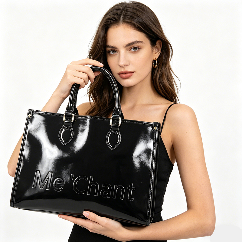 Structured Handbag Top Handle - Women Black Glossy Patent PU Leather