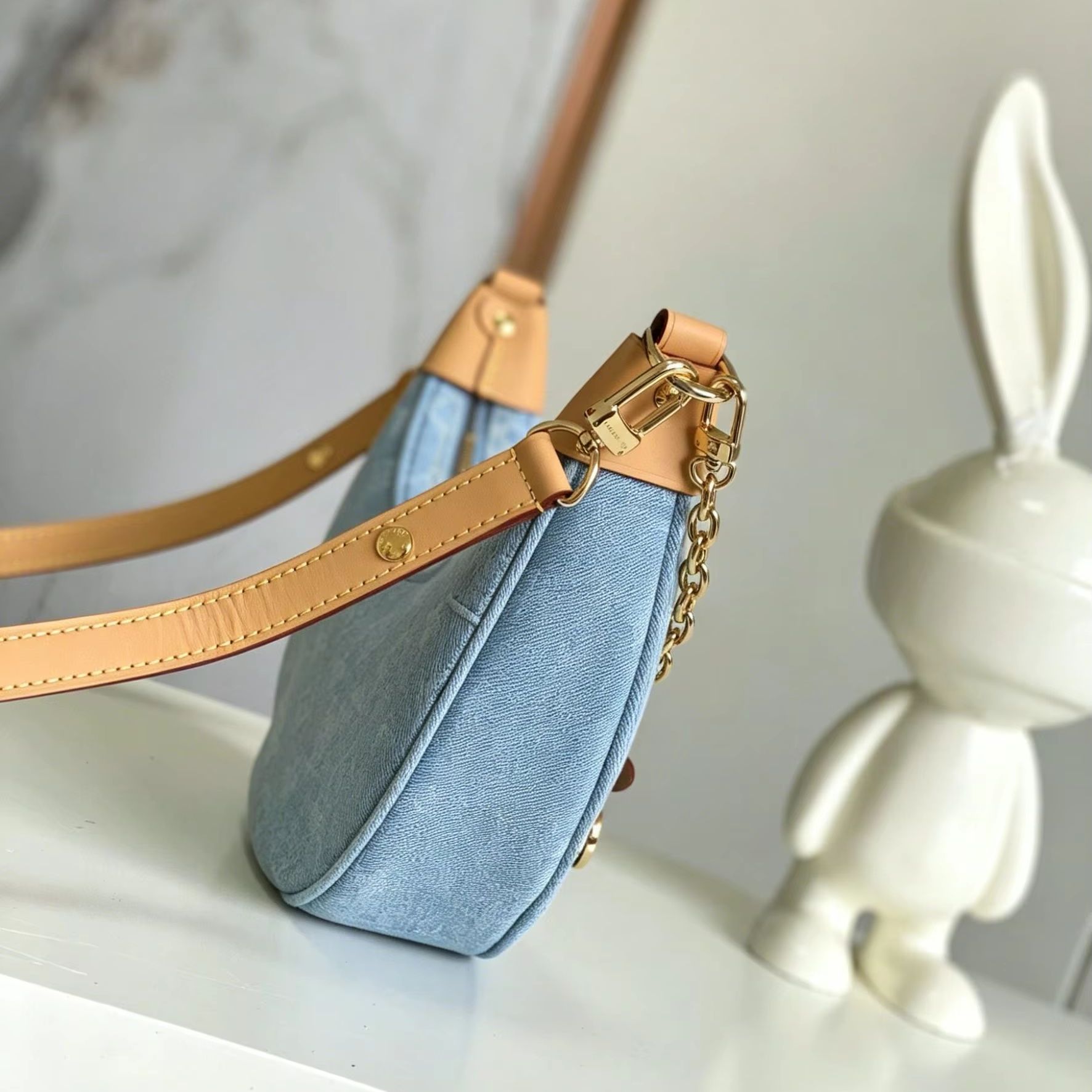 Luxury Bags Blue - Light Blue Jacquard Denim Crescent Hobo