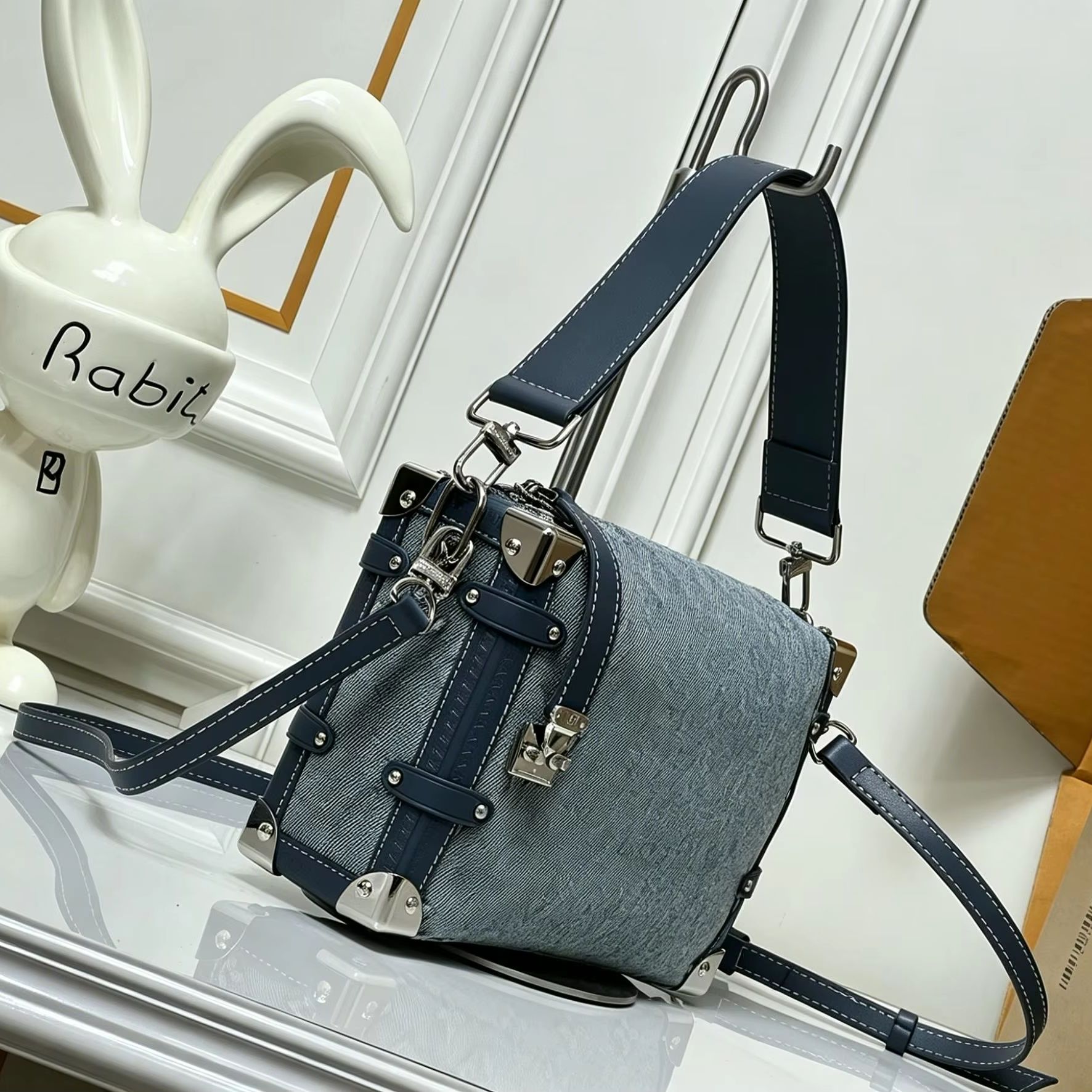 Luxury Bags Blue - Blue Jacquard Denim Mini Trunk Bag,