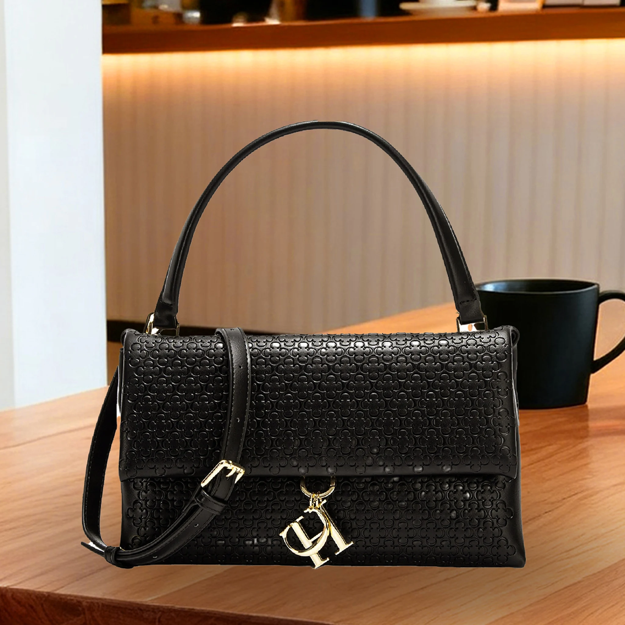 Structured Handbag Top Handle - Elegant Handbag Monogram Embossing Metal Brand